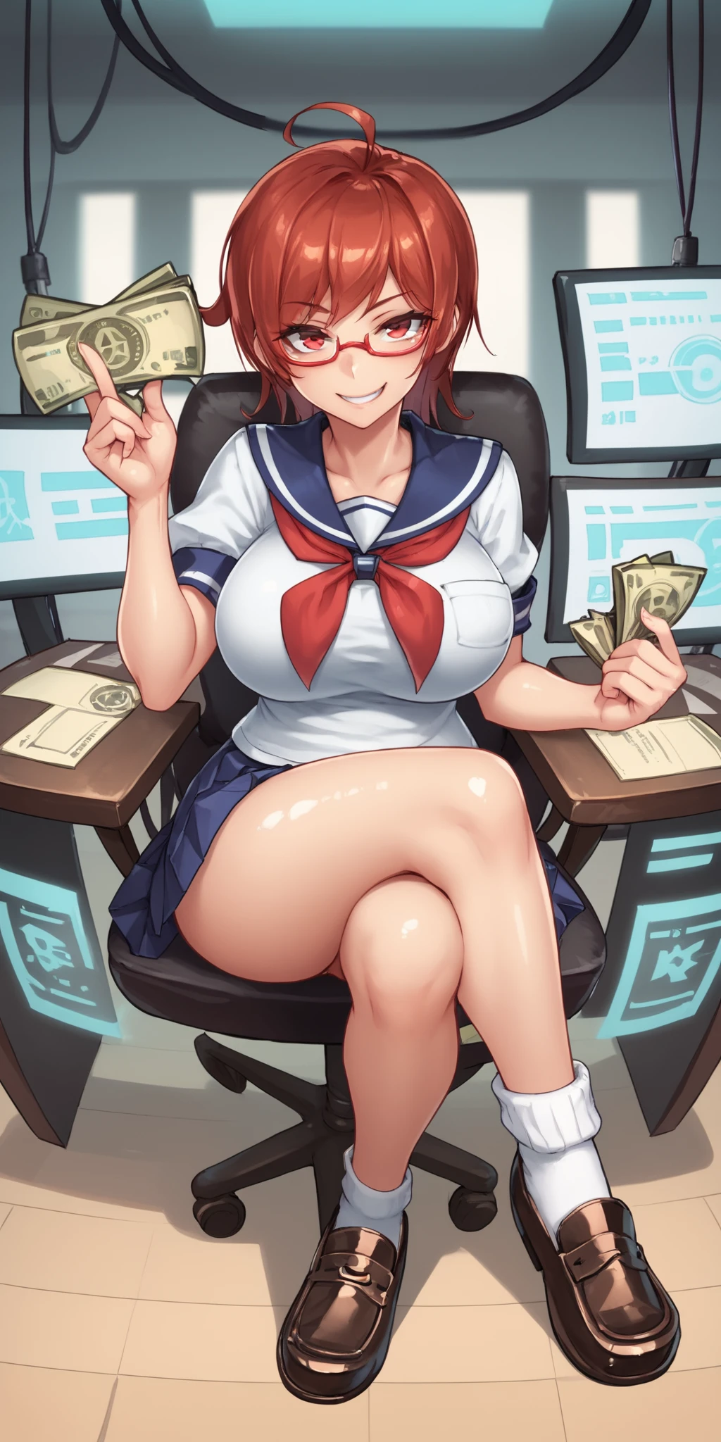 score_9, score_8_up, score_7_up, 1girl, mature female, shiny skin, <lora:Expressive_H:0.8>, <lora:InfoChan:0.8>,infochan, red hair, short hair, red eyes, bangs, breasts, brown hair, glasses, large breasts, looking at viewer, blue skirt, loafers, red neckerchief, pleated skirt, school uniform, serafuku, black footwear, sitting, crossed legs, desk, smile, holding money, red-framed eyewear, white socks, ahoge,laboratory, indoors,naughty face,