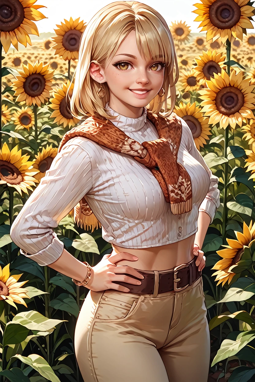 score_9, score_8_up, score_7_up, score_6_up
<lora:RE4Ashley:1.0>
RE4Ashley, 1girl, blonde hair, looking at viewer, surrounded by sunflowers in a bright field, smiling, with hands on hips