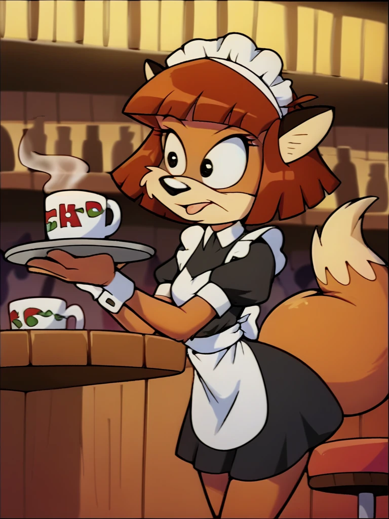 score_9, score_8_up, score_7_up, score_6_up, score_5_up, score_4_up, source_furry, jane_tloti, fox tail, maid uniform, holding tray, serving tray, cup, mug, coffee, table, chair, cafe, crowd, detailed eyes, detailed face, (retro artstyle, 1990s \(style\), flat color, toon \(style\)), <lora:janetloti-v1:1>