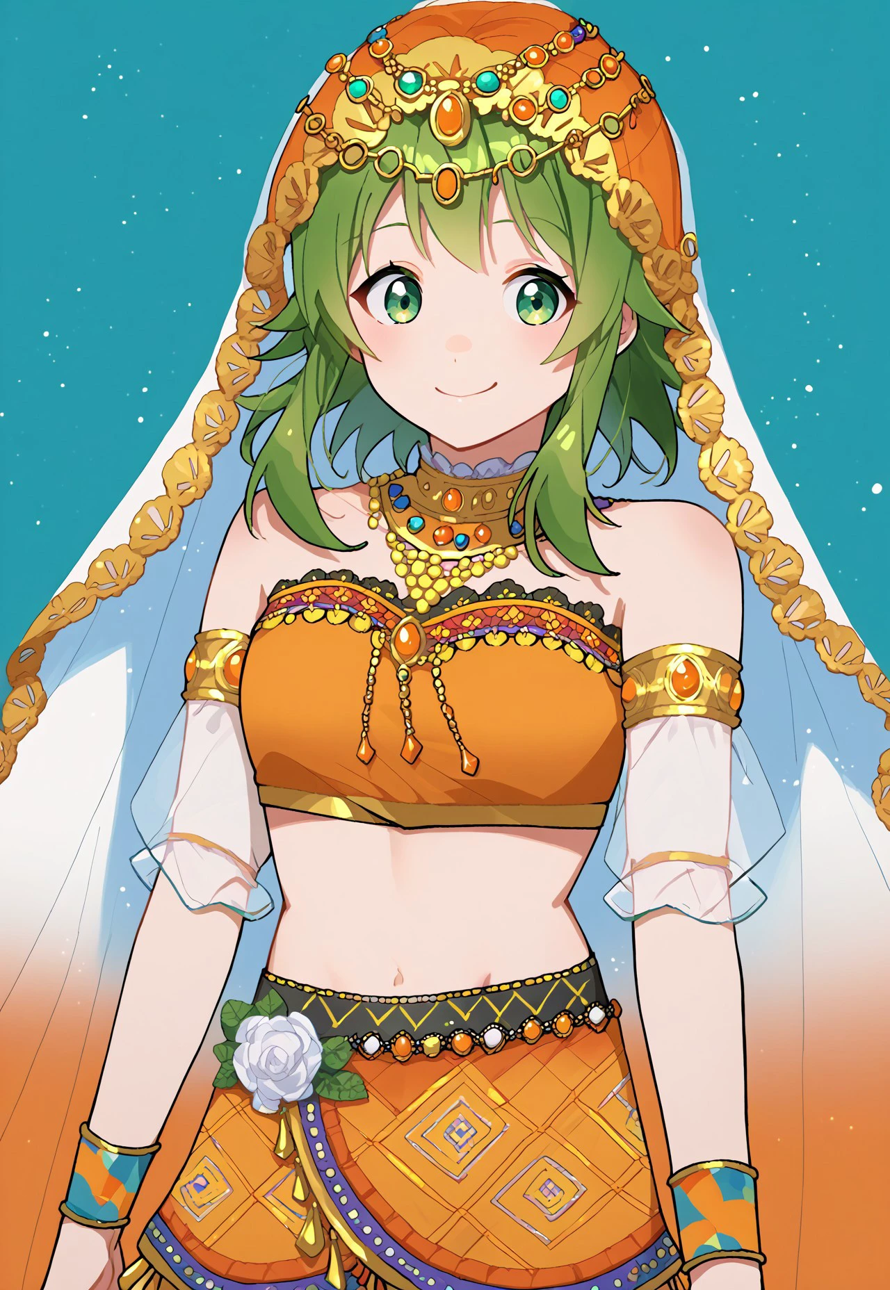 score_9, score_8_up, score_7_up, source_anime, 1girl, solo, llsif_dancer, orange bandeau, orange skirt, (((gumi))), green eyes, green hair, medium hair, sidelocks, short skirt, arabian clothes, veil, dancer, smile