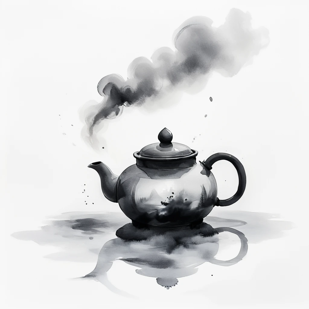 <lora:Zen_Ink_Wash_Sumi-eSDXL:1> ArsMJStyle, Zen Ink Wash Sumi-e, A simple teapot with steam rising, monochrome, greyscale, minimalistic, white background, no humans, traditional media, ink, solo, still life.