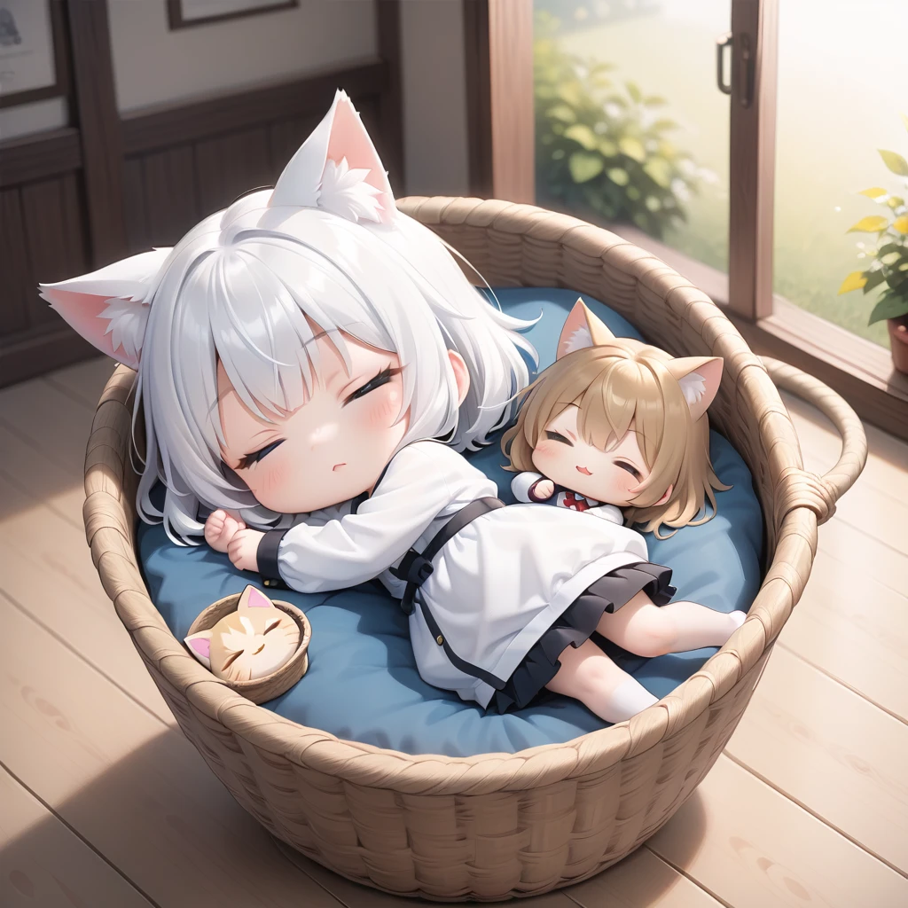 chibi cat girl, sleeping on basket
