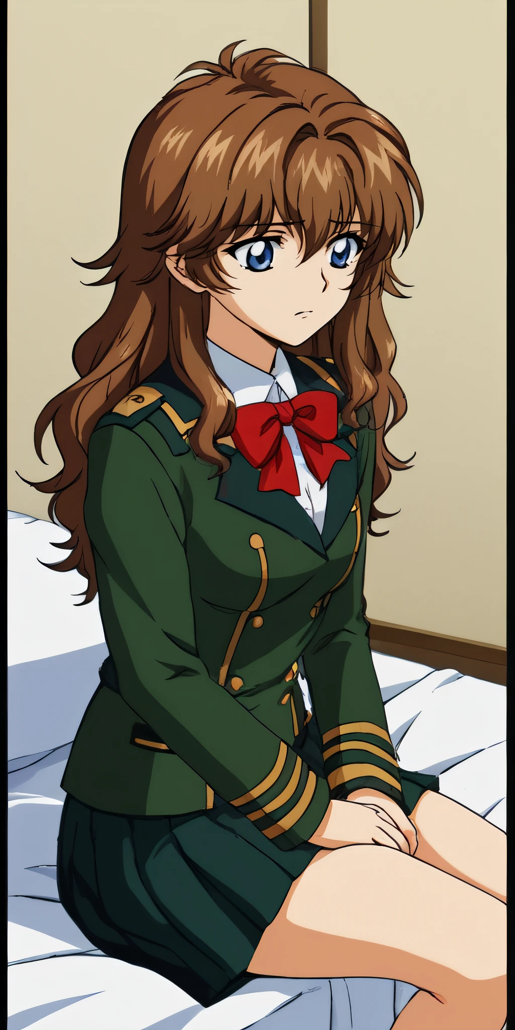 score_9, score_8_up, score_7_up, source_anime, rating_safe, intricate details, anime screencap, official style, 1girl, retro artstyle, <lora:Chall_Acustica_00P:1>, chall, blue eyes, brown hair, hair between eyes, wavy hair, red bow, green military uniform, blazer, green jacket, green pleated skirt, indoor, sitting on bed, looking down, cowboy shot, sad expression