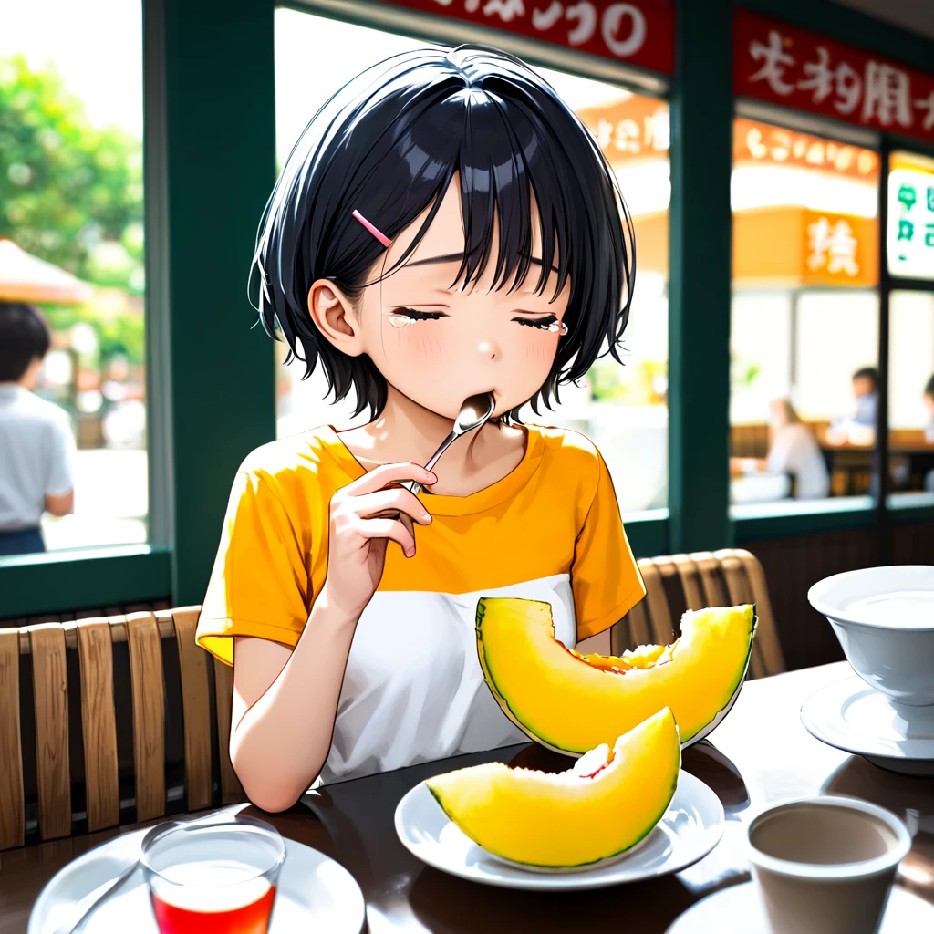 score_9, score_8_up, score_7_up, source_anime, best quality, perfect anatomy , very aesthetic , absurdres ,
1girl, young girl, small breast, very short hair, round face, hair clip on front hair,
graphic t-shirt, short pants, bare legs, sandal,
cafe, sliced melon, table, sitting,
rating_safe, upper body shot, eating, holding table-spoon, closed eyes, tearing up, yummy,  <lora:melon_3x3x3mixxlv2_sdxl:1.3>,