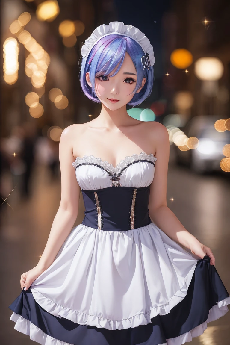 a beautiful rem\(rezero\), maid dress, strapless maid dress, vivid color, looking at viewer, bokeh, (sparkling:1.75), excellent quality, masterpiece, amazing intricate finely detailed, volumetric lighting, ultra-HD, UHD, 8K, 16K