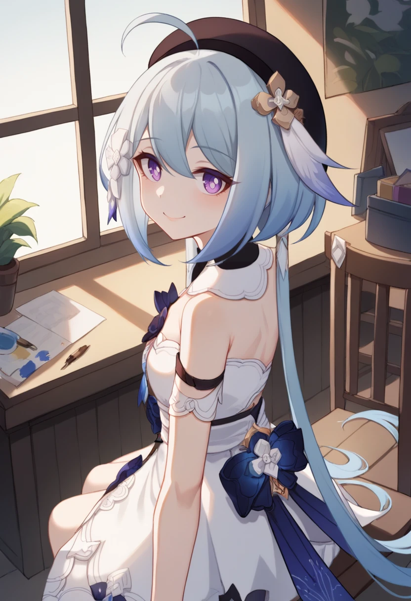 (score_9,score_8_up,score_7_up,),uncensored,
<lora:Honkai_YG_pony:1>,Honkai_YG,1girl,purple eyes,solo,dress,purple eyes,white dress,ahoge,beret,long hair,hat,bangs,looking at viewer,light blue hair,bare shoulders,black headwear,hair ornament,sleeveless dress,twintails,
cowboy_shot,looking_at_viewer,
sitting,happy,:3,
indoor,studio,sketchpad,paintbrush,pigments,window,chair,from_above,holding,