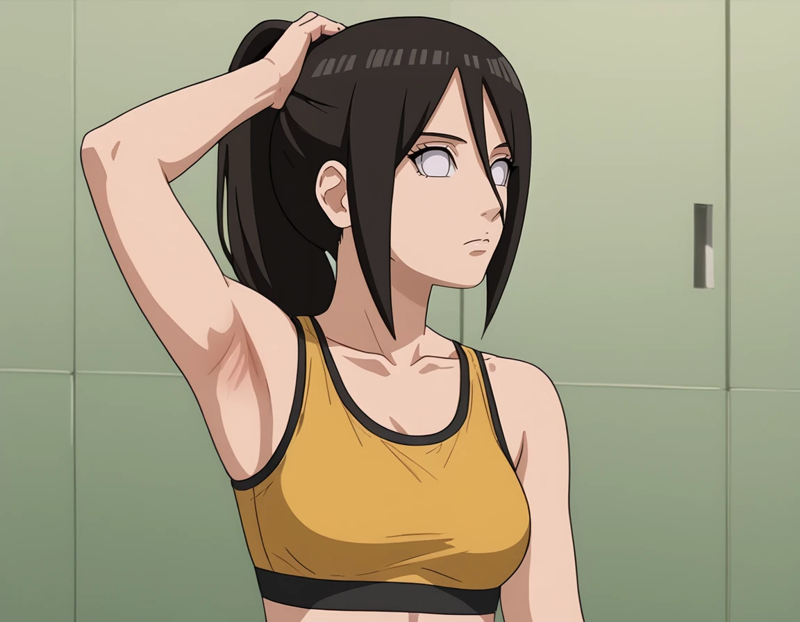 <lora:Hanabi:1>, hanabi hyuuga, 1girl, solo, sports bra, upper body,, looking away, hand in hair