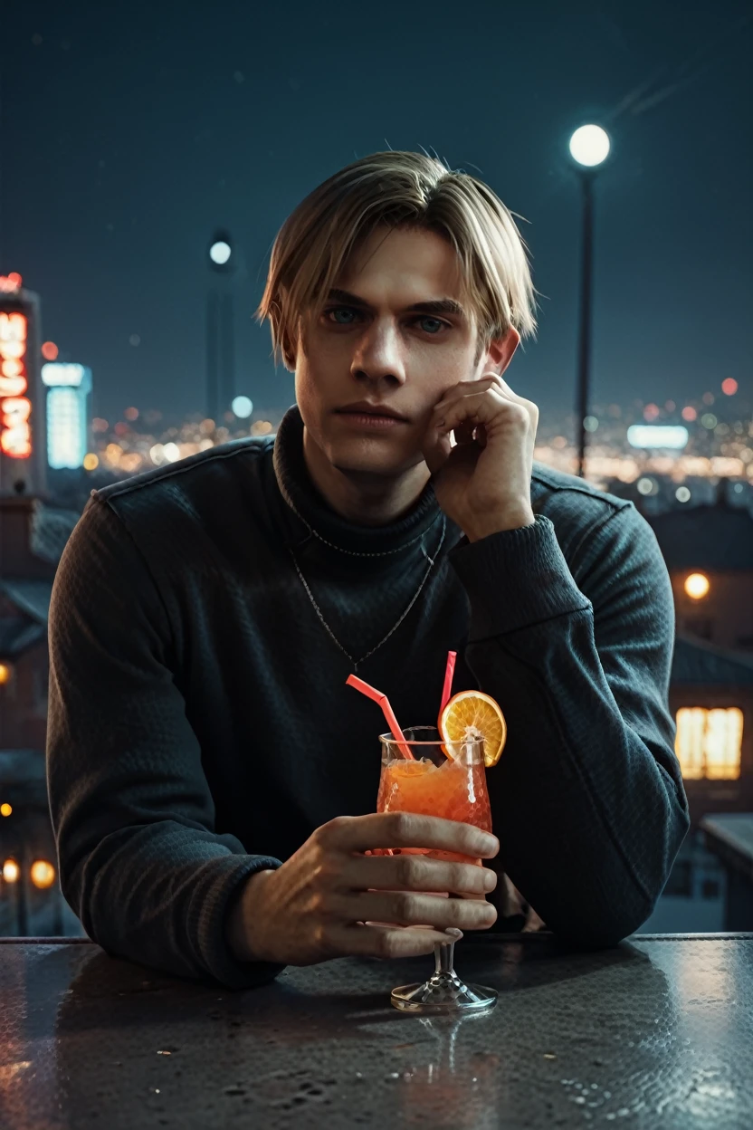 score_9, score_8_up, score_7_up, score_6_up
<lora:RE4Leon:1.0>
RE4Leon, 1boy, blonde hair, looking at viewer, sipping a cocktail at a rooftop bar, with city lights twinkling below