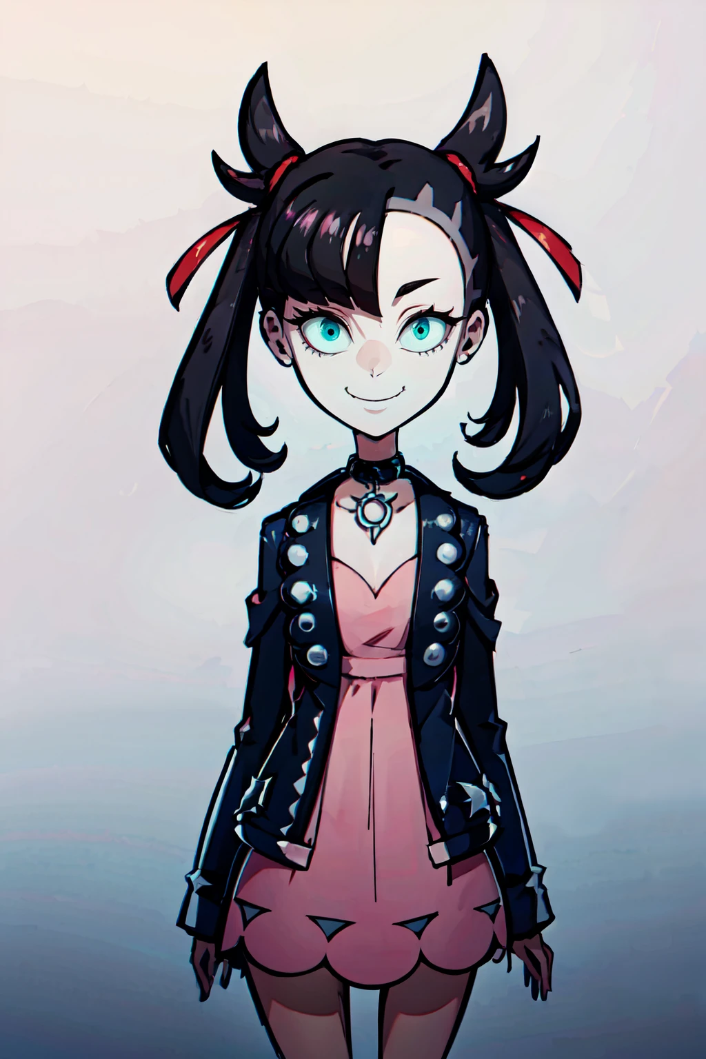 ((masterpiece,best quality)), absurdres,  <lora:Creepy_v2:0.8>, BREAK, , BREAK, <lora:Marnie_Pokemon_Dim32:0.8>, Marnie_Pokemon, aqua eyes, black hair, black choker, red ribbon, pink dress, jewelry, black jacket, open clothes, long sleeves,, BREAK, solo, smile, looking at viewer, cowboy shot,