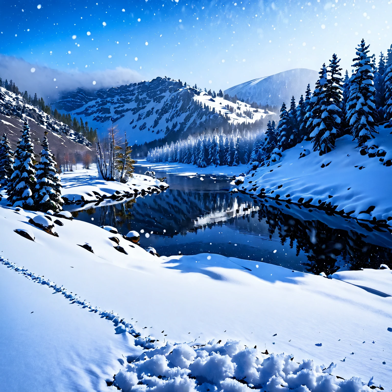 snow, snowing, lake, forest, scenery, no humans, no buildings, wilderness, landscape, <lora:Snowbound-SDXL:1>, snowbound, BREAK score_9, score_8_up, score_7_up, best quality, masterpiece, 4k, prefect lighting, very aesthetic, zPDXL2