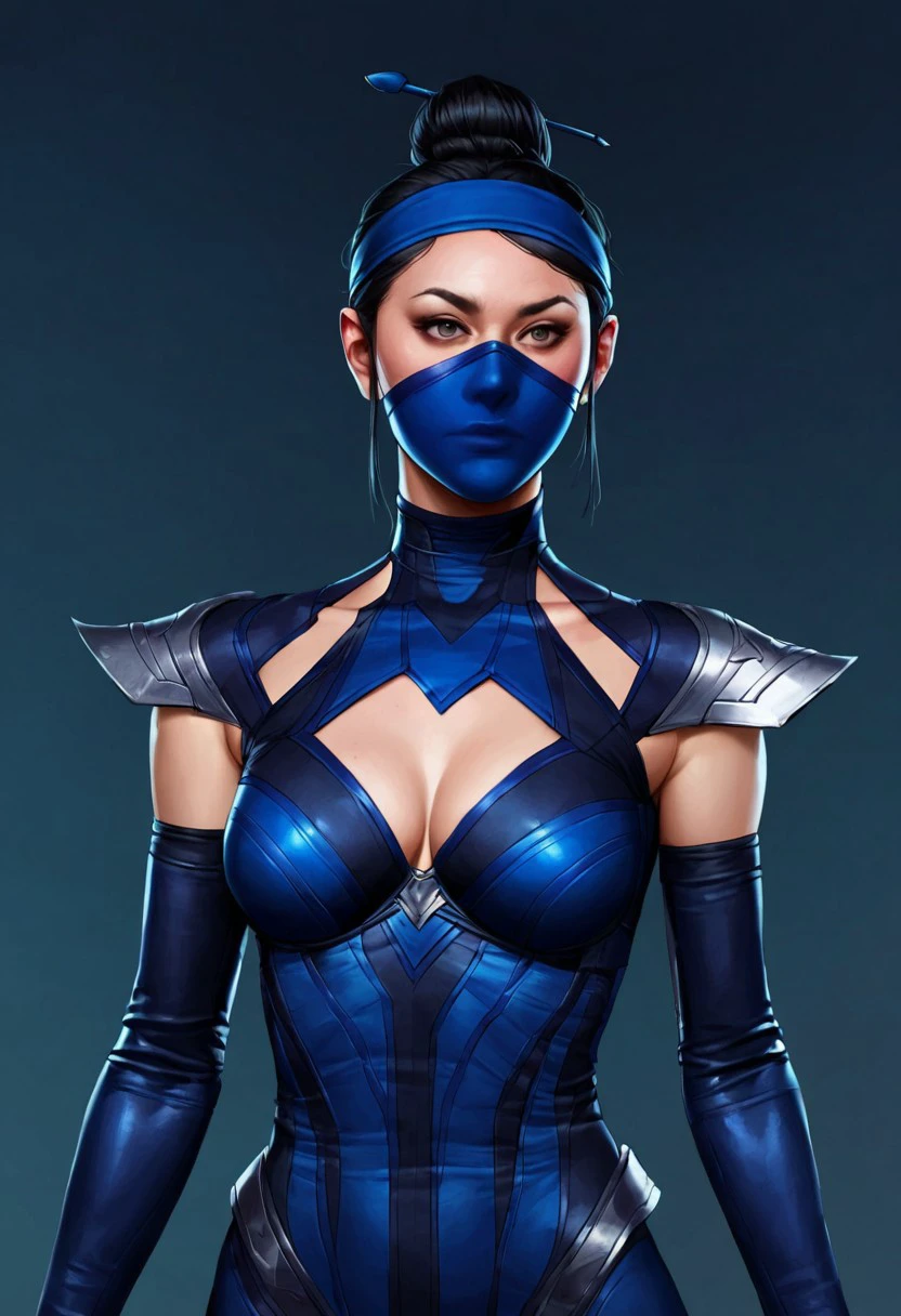 Score_9_up, score_8_up, score_7_up, score_6_up, source_anime, BREAK 1girl, Kitmk11, black hair, hair bun, blue headband, mask, bodysuit, medium breasts, cleavage cutout, armor, elbow gloves,