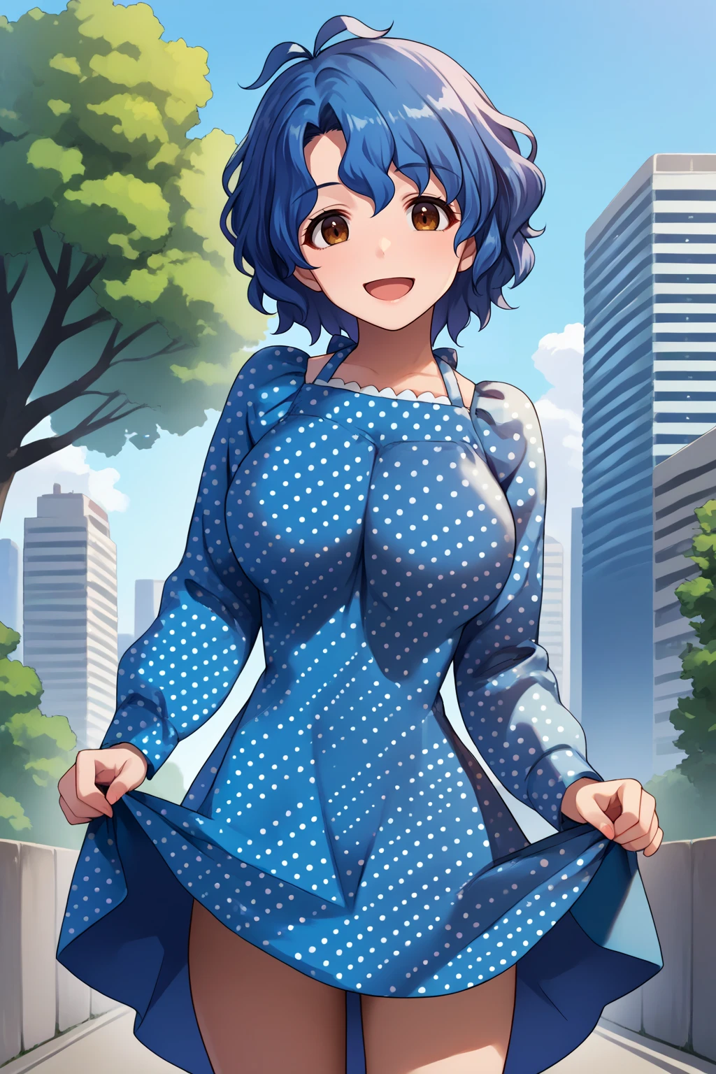 score_9, score_7_up, source_anime, cowboy shot, looking at viewer, smile, open mouth, ftk, short hair, antenna hair, wavy hair, blue hair, brown eyes, large breasts, blue polka dot dress, long sleeves, skirt hold, outdoors, tree, city, <lora:Hoseki_Idolmaster_FukaToyokawa_PDXL_v1:1>