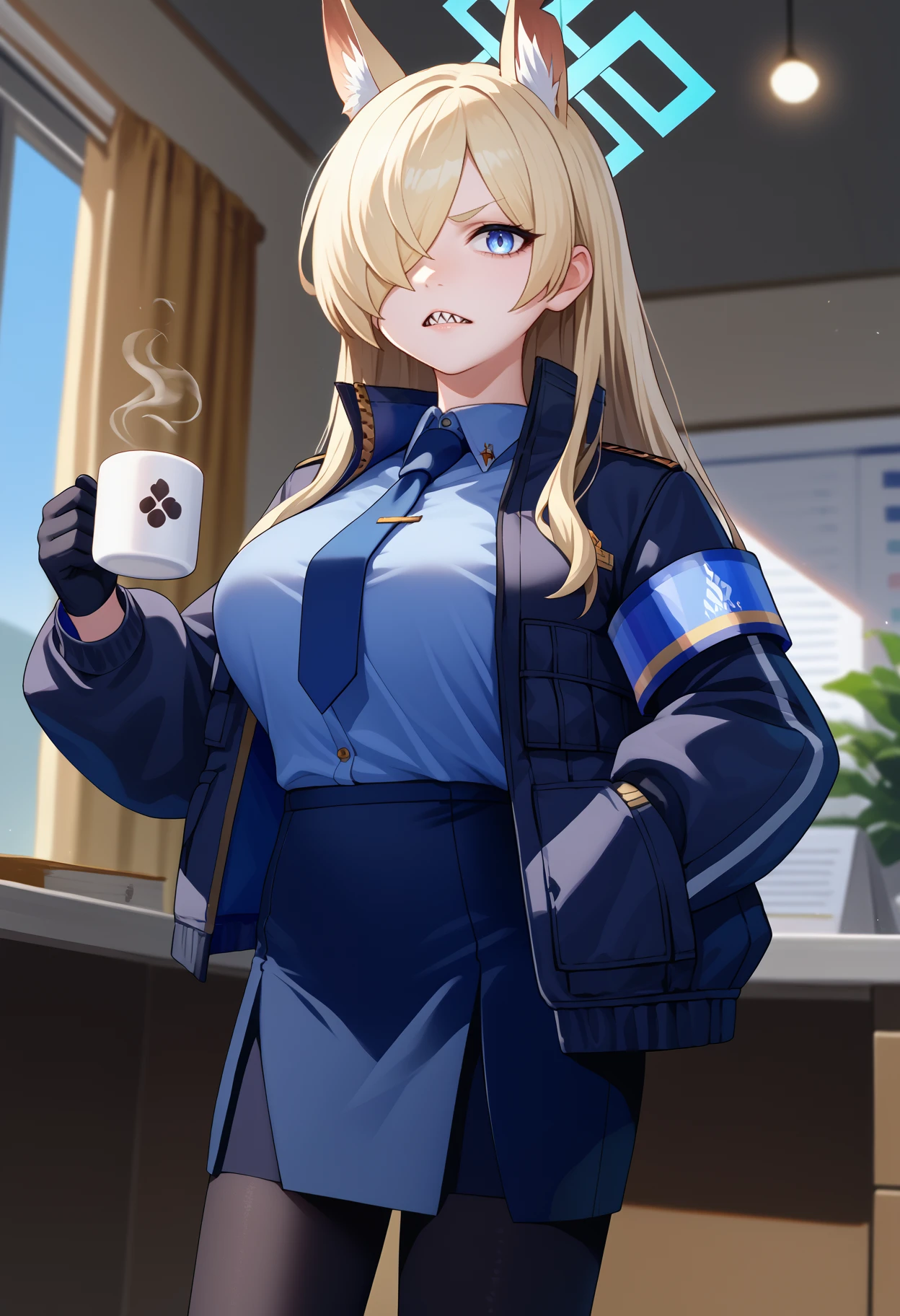 score_9, score_8_up, score_7_up, source_anime, solo, 1girl, kannadef, sharp teeth, looking at you, standing, holding coffee mug, hair over one eye, animal ears, extra ears, blue halo, black jacket, open jacket, long sleeves, armband, blue shirt, collared shirt, blue necktie, tie clip, black gloves, blue skirt, pencil skirt, black pantyhose, large breasts, indoors, office
<segment:yolo-face_yolov8m.pt,0.4,0.5>