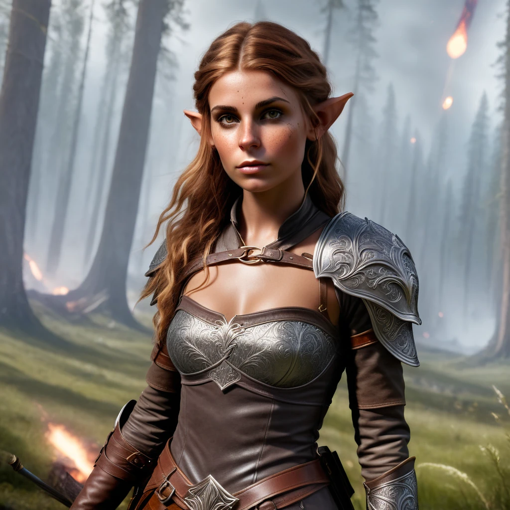 23 years old, Nevamirr is a fun-loving, yet mysterious wood elf with long ears and tan skin, ((wearing a tan filigree face mask)), a wood elf rogue, warrior wearing brown leather armor, ((reddish brown hair)), looking at a impact of a huge meteor strike, open glade, extremely freckled tan skin, destroyed medieval landscape, sneaking action shot, glade background, raw, masterpiece, extreme ultra best picture, extreme ultra intricate creative detail, extreme hyper realistic detail, extreme ultra hyper photo realism, extreme ultra-hyper immersive visuals, extreme 3D realistic, ultra 4080p, HD, VFX, SFX, FKAA, TXAA, RTX, SSAO, medium breasts, 5 perfect fingers, my meteor