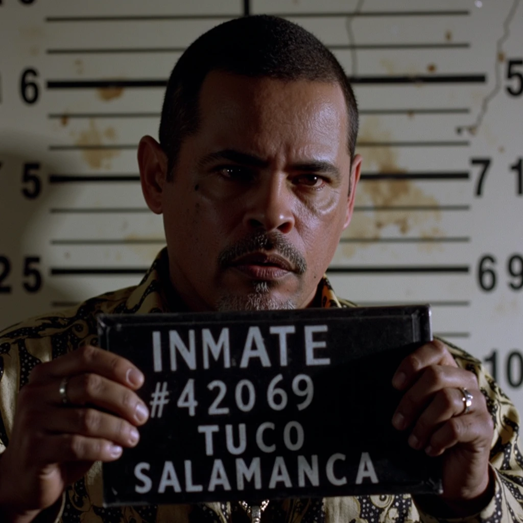 Tuc0 is depicted in a harshly lit prison mugshot, his face bruised and battered, yet still seething with defiance. His eyes burn with a cold, unyielding glare, and his mouth is set in a tight, angry line. He stands against a dirty, cracked wall with height markers, holding up a worn, black sign with white text that reads:

INMATE #42069
TUCO SALAMANCA
Albuquerque Police Department
08/14/2024

The lighting casts sharp shadows across his face, emphasizing the roughness of his features and the tension in his clenched jaw. The image is gritty and raw, capturing the relentless, hardened nature of a man who's been through hell but refuses to break.

everything is captured in vivid, high-definition. The whole image radiates raw power, danger, and the flamboyant, over-the-top style of a man who knows he owns the streets.