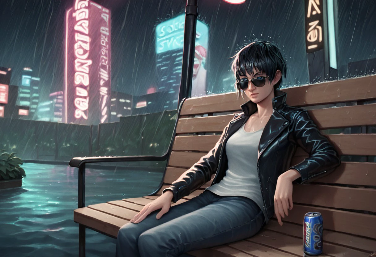 Realistic, Shading, water color painting, traditional media, score_9, score_8_up, score_7_up, score_6_up,  zoe-baker, black hair, blue eyes, pants, open jacket, black jacket, lips, night, sunglasses, denim, rain, can, bench, leather, cyborg, prosthesis, leather jacket, cyberpunk, vending machine, neon lights, sensitive