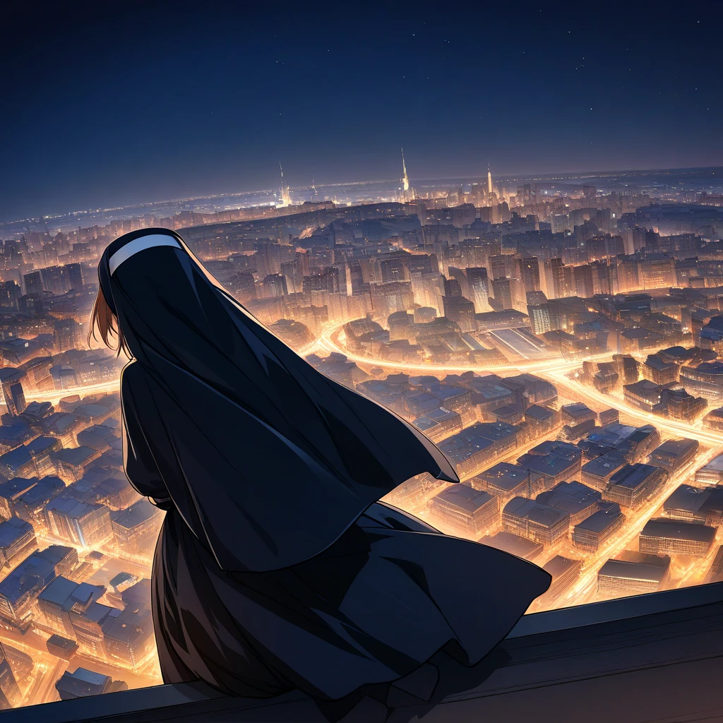 (masterpiece),(best quality),(ultra-detailed),(best illustration),(best shadow),(absurdres),(detailed background),(very aesthetic), rosette_christopher, 1girl, solo, cityscape, night, city, from behind, city lights, habit, nun, dress, sky<lora:Rosette_Christopher:1>