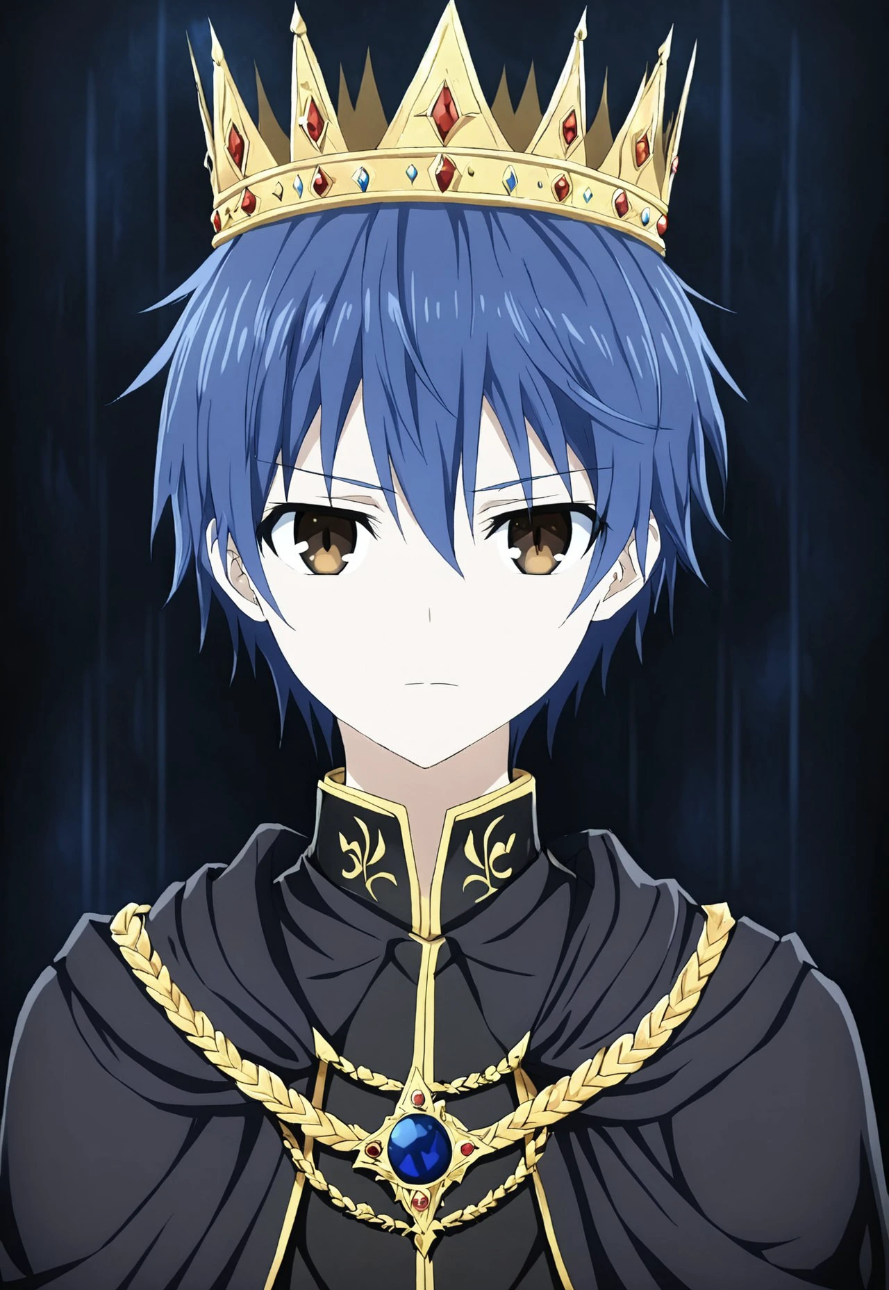 1boy, blue hair, brown eyes, emperor Crown, emperor cloths, looking at viewer, anime, anime style, perfect,beautiful,  dark theme, dark Crown, dark cloths, royal Corte background, close up