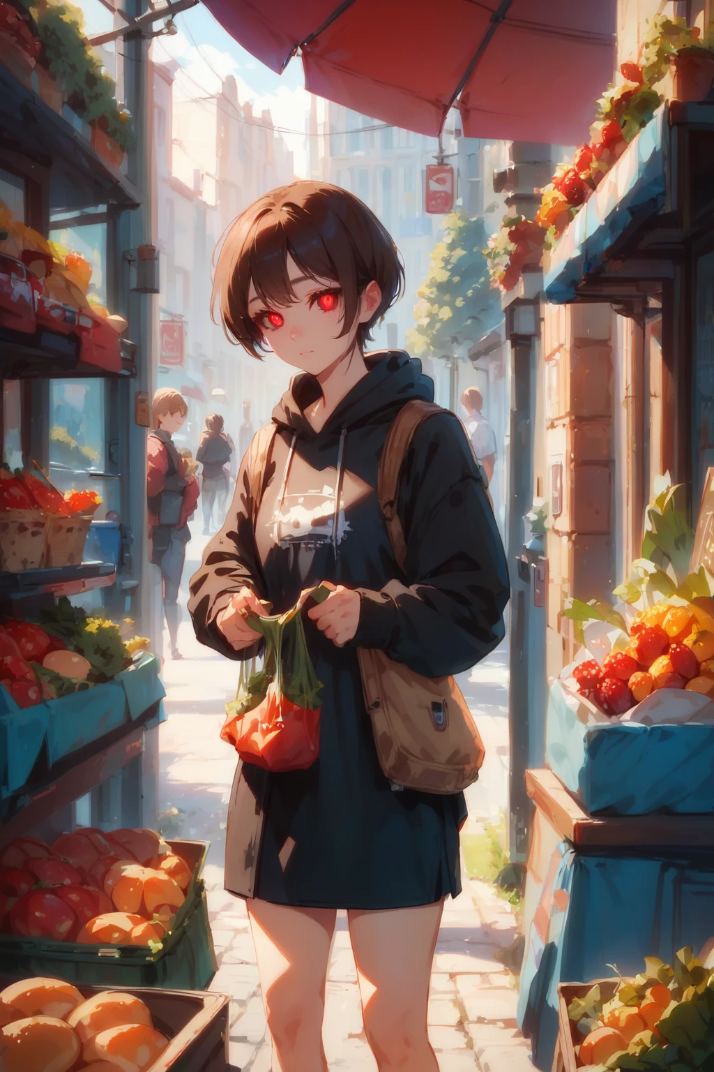 PDXL, 1girl, cute face, detailed eyes, 
short brown  hair,
glowing red eyes, red sclera,
black hoodie, black skirt, 
getting groceries