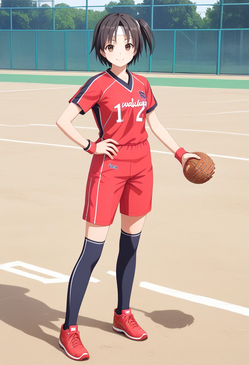 (((masterpiece))), YaoyoruzuMomo, 1girl, solo, long hair, open mouth, black hair, standing, ponytail, pants, black eyes, blue shirt, sportswear, arms at sides, hair pulled back, crowd, stadium, <lora:YaoyoruzuMomo-10:0.75>