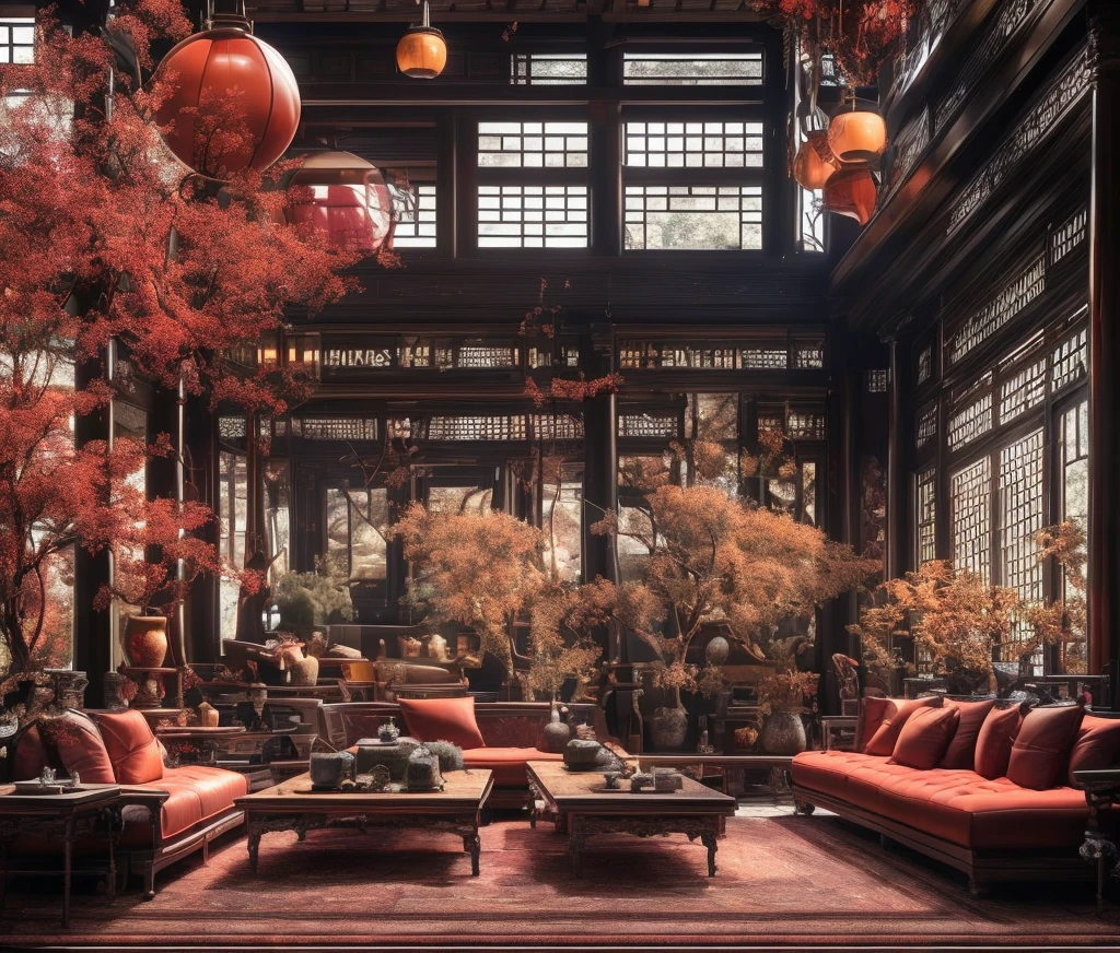 no humans, wood table, many teapots and cups on the table, scenery, indoors, red velvet couch, lattice window, wooden chair with red leather cushion, red maple tree, lamp on both sides, sitting, tree, lamp, carpet, cup, red velvet carpet, big sphere chandelier, square skylight,masterpiece, LAOWANG, <lora:Red and Dark Wood Chinese Interior:1>
