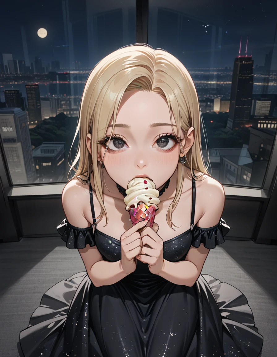 score_9, score_8_up, score_7_up, souce_anime, BREAK masterpiece, best quality, very aesthetic, absurdres, 1girl, girl kneeling and grabbing and sucking ice cream, looking up camera, from above, face focus, birdâs-eye view, sparkling black dress, satin dress, long blonde hair, shoulders, perfect eyes, cowboy shot,<lora:shibuya_sky_gallery_ponyDiffusionV6XL_v6_Lion_2460_v1.01:1>, cityscape from sky gallery, at night, night sky, black floor, indoor lookout, glass wall, window, anime screencap,  <lora:LineArt Mono Style LoRA_Pony XL v6:0.7> flat color,