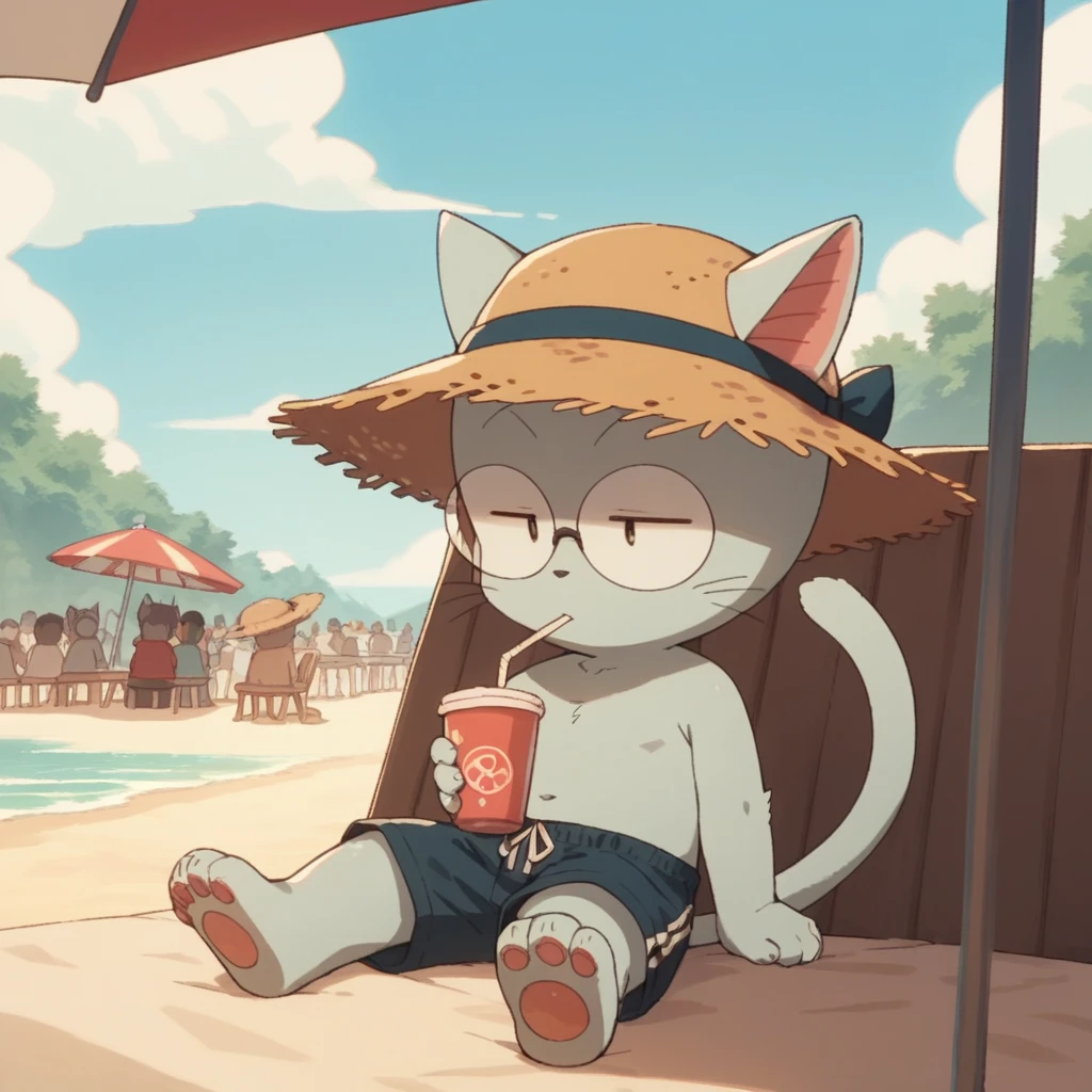 Score_9, Score_8_up,Score_7_up,Score_6_up, Score_5_up, Score_4_up, <lora:samuel-v1:1> (ftsamuel), cat man, (straw hat), glasses, sweater, shorts, beach, sitting, cup, drinking, under an umbrella, faceless_crowd+, topless male,