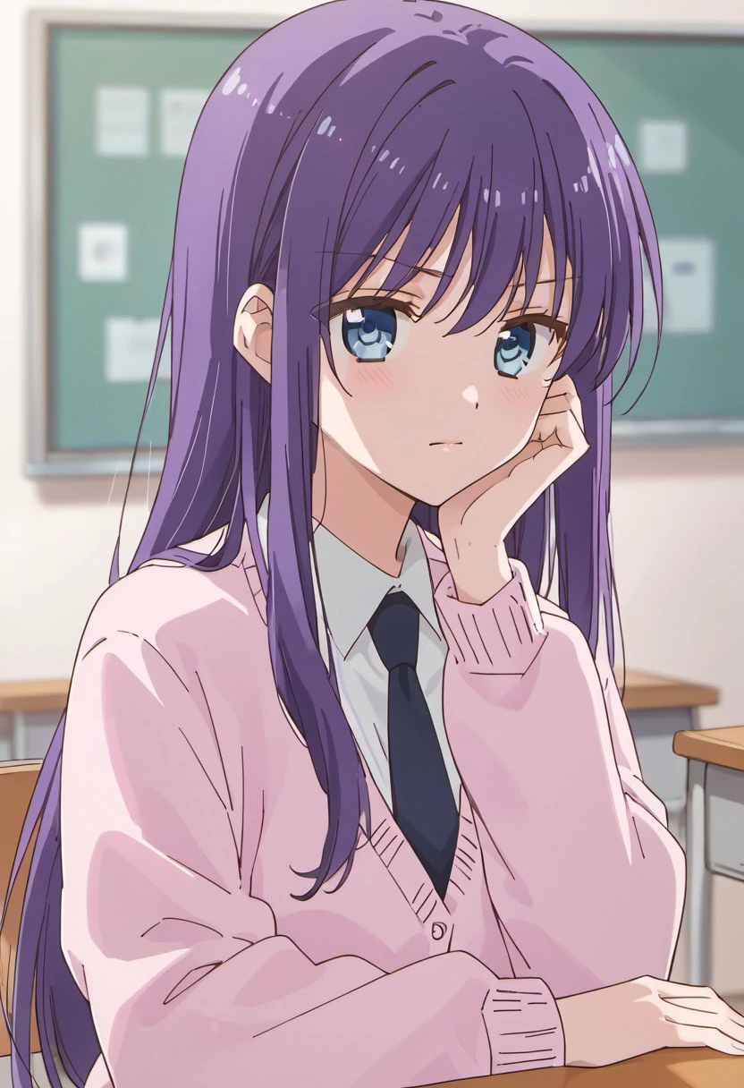 score_9, score_8_up, score_7_up, source_anime,ao horie, purple hair, long hair, blue eyes, 1girl, solo, necktie, school uniform, black necktie, shirt, cardigan, white shirt, collared shirt, closed mouth, classroom