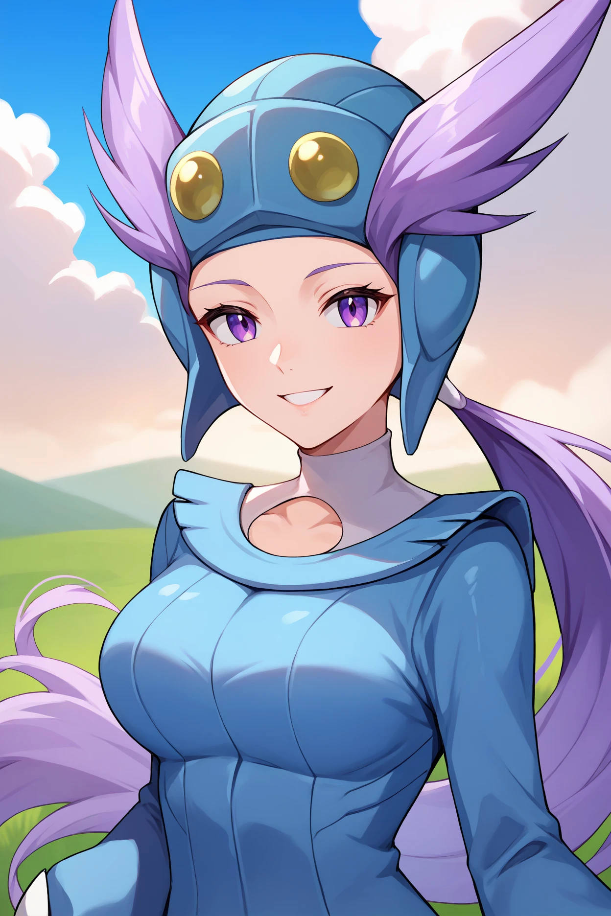 score_9, score_8_up, score_7_up, score_6_up, source_anime, 1girl, solo,  <lora:pkmnwinona-pdxl-nvwls-v1-000006:1> pmWna, purple hair, purple eyes, low ponytail, long hair, blue helmet, blue jumpsuit, long sleeves, clothing cutout, white pants, white gloves, large breasts, looking at you, smile, blue sky, clouds, field, upper body, happy, portrait, impossible bodysuit