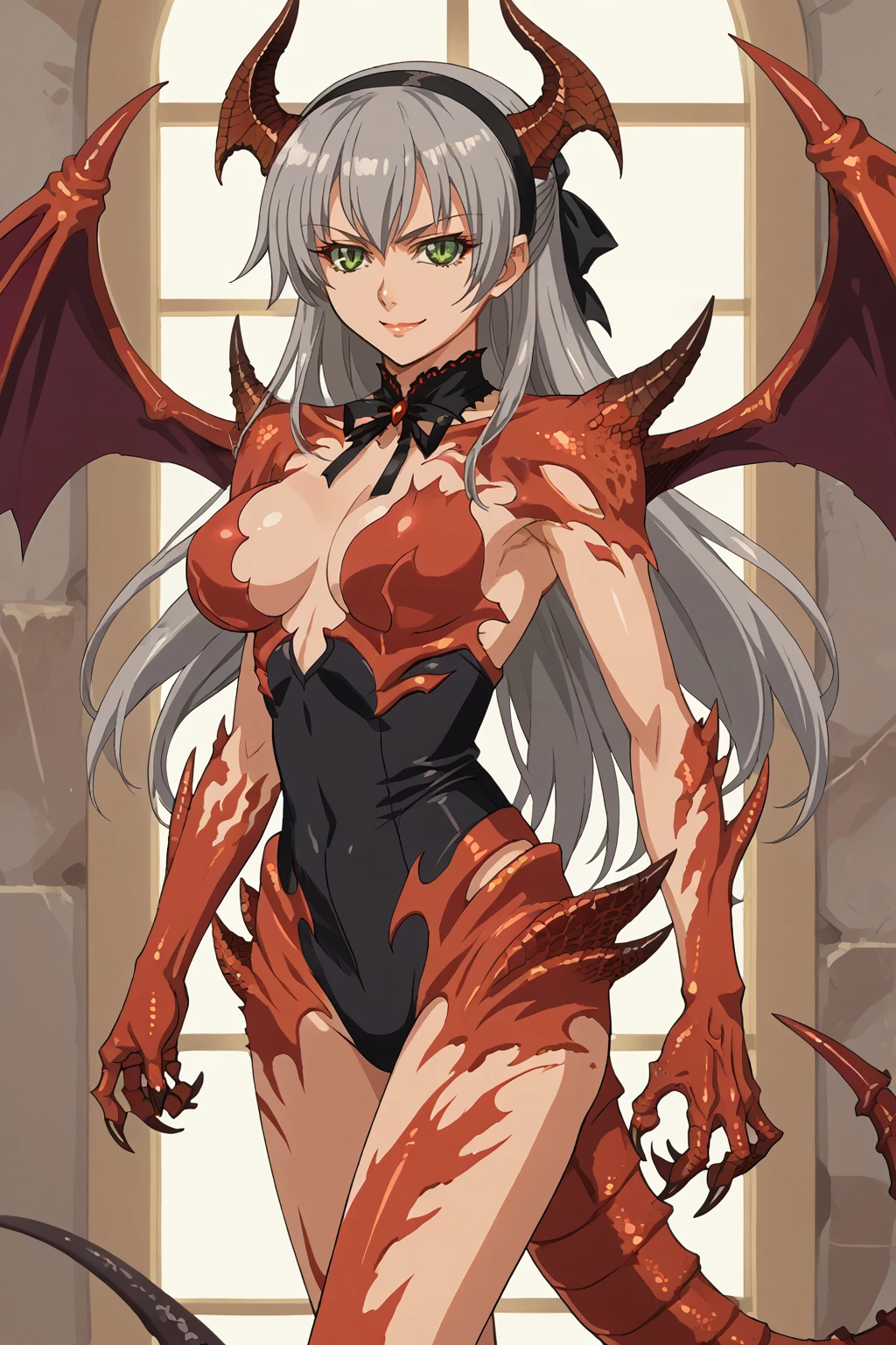 score_9, score_8_up, score_7_up, score_6_up, score_5_up, score_4_up, BREAK source_anime,anime_screencap,1girl,solo,very large breasts
wearing edgDemoness, tail, wings, horns, claws, monster girl, demoness,standing,posing for a picture,smile,portrait
 <lora:edgDemonessPony:0.75>
 <lora:elie-pdxl-nvwls-v1:0.9> zeroelie, hairband, hair ribbon,grey hair,green eyes