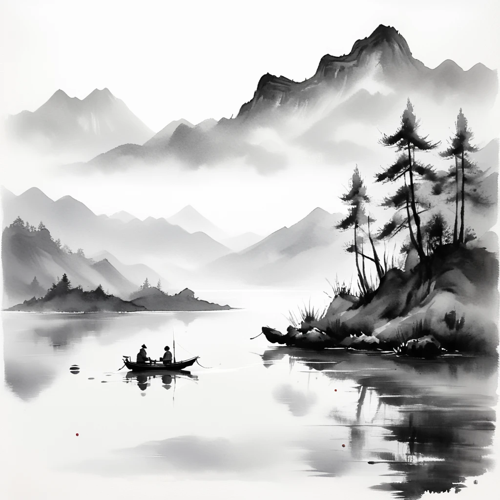 <lora:Zen_Ink_Wash_Sumi-eSDXL:1> ArsMJStyle, Zen Ink Wash Sumi-e, A small fishing boat on a calm lake with mountains in the distance, monochrome, greyscale, white background, tranquil, traditional media, ink, nature, solo, landscape.