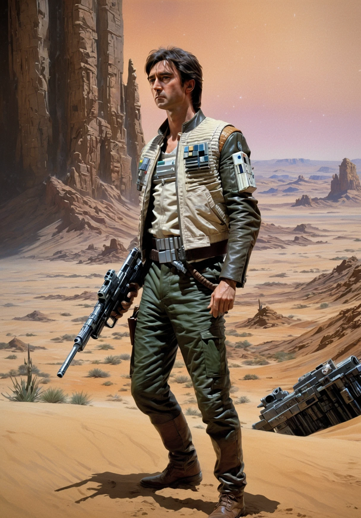 (establishing shot1.5) (side view1.5) of <lora:WedgeAntilles:1> WedgeAntilles a character from Star Wars is wearing a leather jacket and military fatigues, ((short hairstyle)), (((aiming a sci-fi gun))), background of Star Wars desert planet, dramatic shadows, pose inspired by Boris Vallejo, brushwork echoing Carne Griffiths, and color palette reminiscent of Wadim Kashin, set under studio lighting, captured with a 5d camera, in HDR, 8k resolution, sharp focus, infused with a graphic novel aesthetic, cinematic