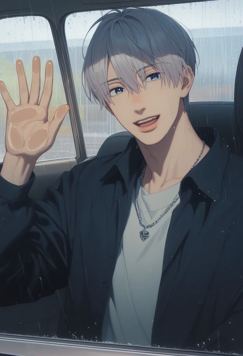 score_9, score_8_up, score_7_up, source_anime, rating_safe, raining, behind glass, [ItsuomiASAff, grey Itsuomi hair, blue Itsuomi eyes, 1boy, male focus, necklace, sweet smile, open mouth, looking at another], car interior, water droplets on glass, building exterior, solo focus, hands with five fingers, realistic shading,