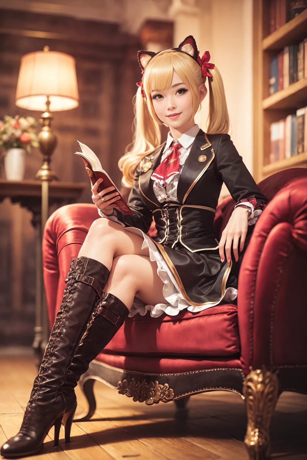 cinematic film still, brown eyes, hhigh heel boots, school uniform, blonde hair, 1girl, animal ears, looking at viewer, boots, twintails, cowboy shot,  looking at viewer, smile,   <lora:Caroline_Free_Fire:0.8>, Bookshelves and Reading Nooks: Interspersed throughout the cafe are bookshelves filled with a curated selection of books. Cozy reading nooks with plush armchairs and floor lamps provide a quiet space for guests to enjoy their beverages while immersing themselves in a good book.
shallow depth of field, vignette, highly detailed, high budget,  cinemascope, moody, epic, gorgeous