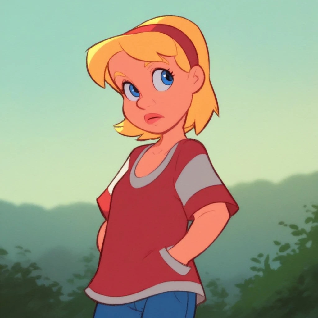 score_9, solo, robyn, blonde hair, hairband, short hair, blue eyes, shirt, jeans, hands in pockets, outdoors, natural lighting