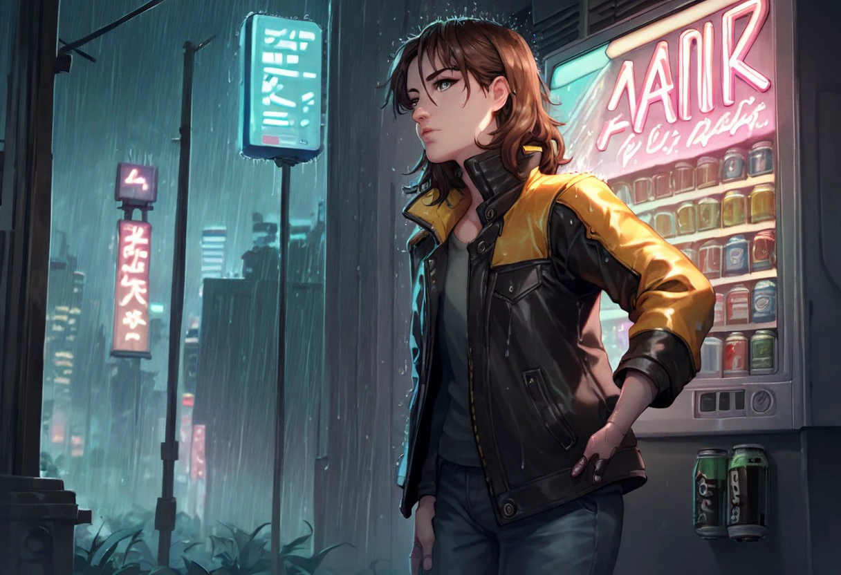 anime coloring, score_9, score_8_up, score_7_up, multicolored eyes, gray eyes, Arya-stark,  brown hair, solo, pants, open jacket, black jacket, lips, night, denim, rain, can, leather, cyborg, prosthesis, yellow leather jacket, cyberpunk, vending machine, neon lights, general