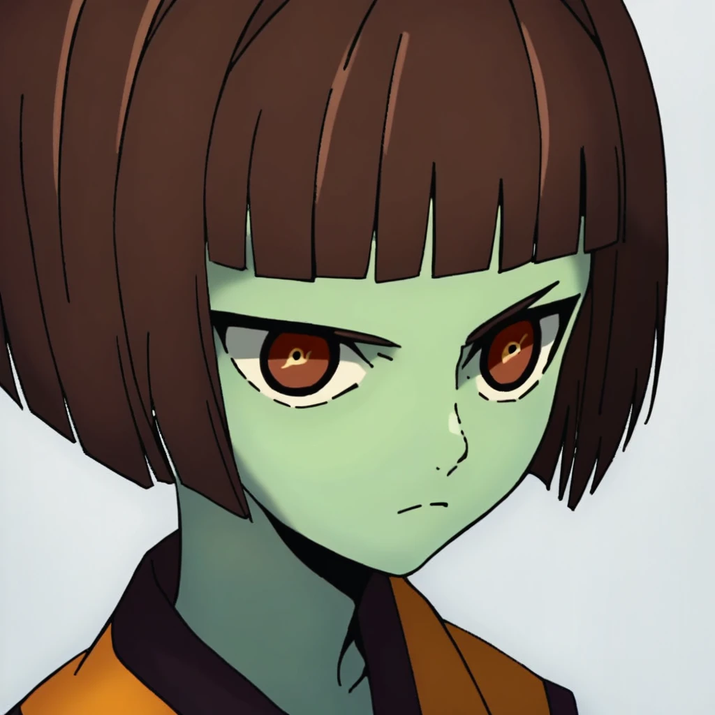 score_9, score_8, score_7, source_anime, anak zahard, green skin, solo, 1girl, colored skin, brown hair, short hair, bob cut, bangs, lizard girl, red eyes