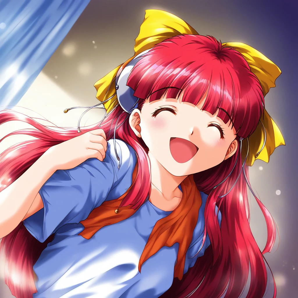 score_9, score_8_up, score_7_up, source_anime, rating_explicit, BREAK  <lora:Nanako_RISE_XL:1>ãNanako_RISE, long hair, red hair, closed eyes,  bangs,  hair bow, headgear, yellow bow,
 1girl, solo, closed eyes, smile, open mouth
room, curtain,