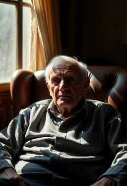 Photograph of an elderly man sitting in a leather chair, with a ray of sun coming through a dirty window, creating particles of dust in the air and pronounced shadows on his wrinkled face, conveying a feeling of nostalgia