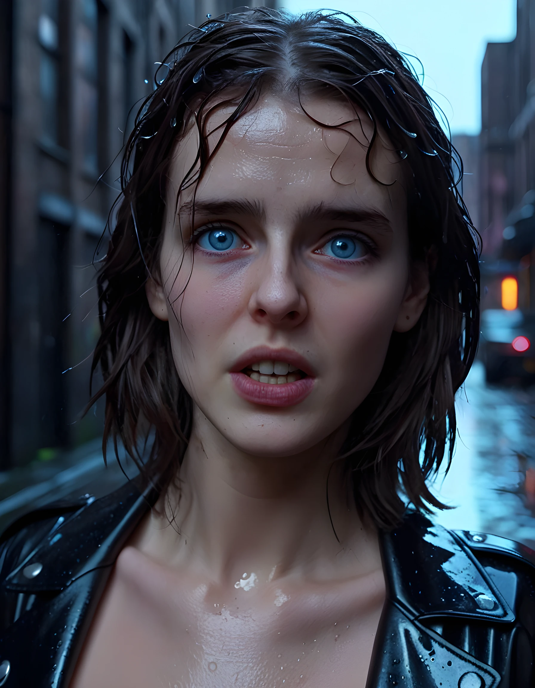 In a gritty, neo-noir scene set within the dimly lit, rain-soaked alleyways of a dystopian metropolis at twilight, the camera captures a striking close-up of L150L3T, a woman with piercing blue eyes and cascading brown hair, her lips parted to reveal a faint smile, revealing perfect teeth, as she stands defiantly against the harsh elements, bathed in the eerie glow of neon lights, her sleek, form-fitting black leather outfit shimmering with raindrops, exuding an air of mystery and resilience.