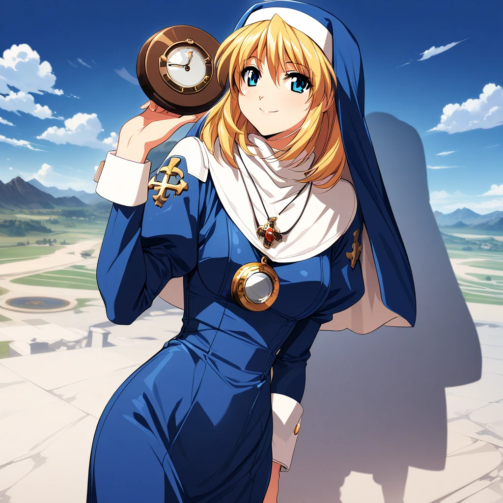 (masterpiece),(best quality),(ultra-detailed),(best illustration),(best shadow),(absurdres),(detailed background),(very aesthetic), rosette_christopher, 1girl, solo, blonde hair, blue eyes, nun, habit, cloud, sky, jewelry, day, long sleeves, necklace, juliet sleeves, pendant watch, holding, puffy sleeves, smile, <lora:Rosette_Christopher:1>