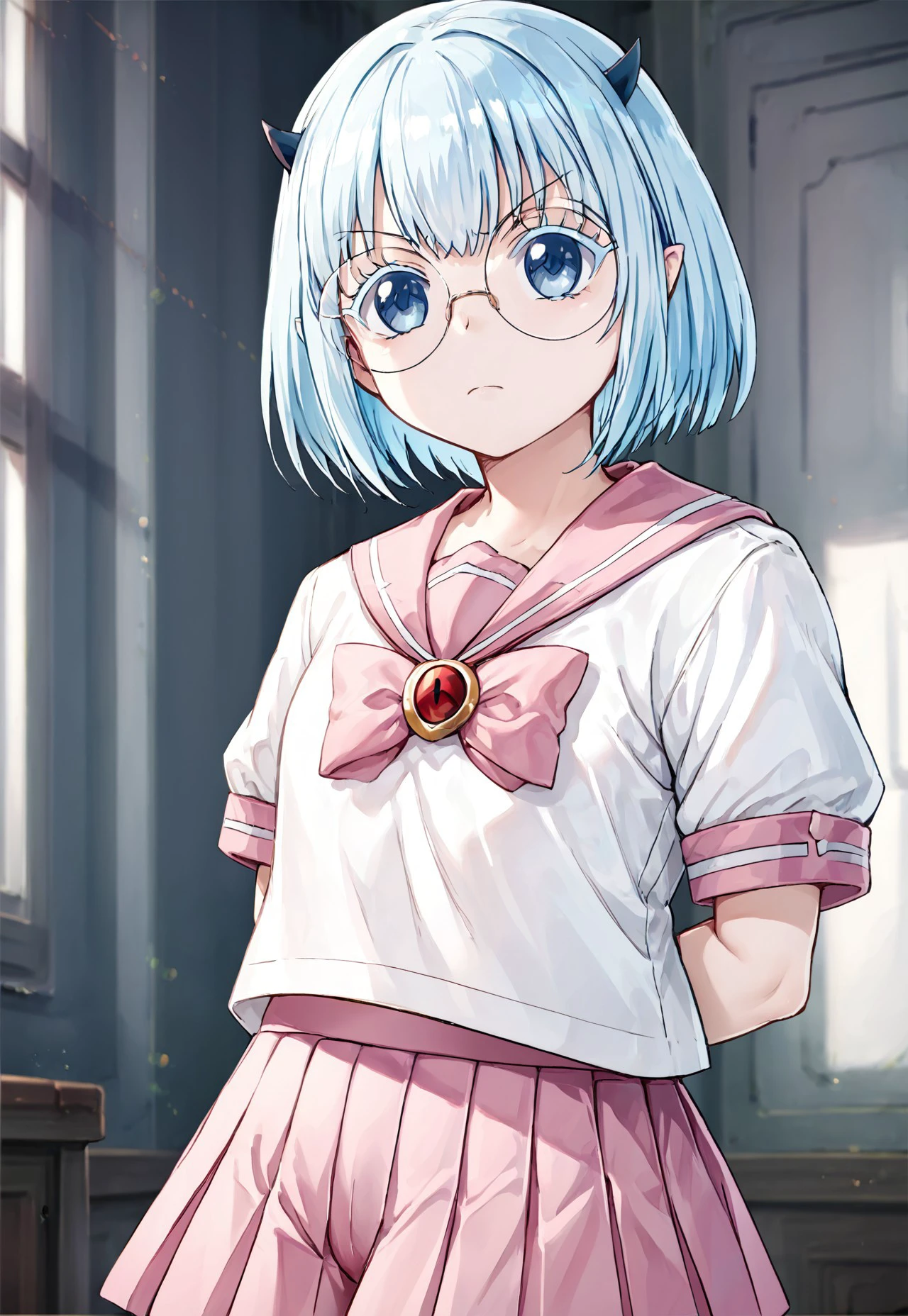 score_9, score_8_up, score_7_up, score_6_up, score_5_up,, score_anime, Crocell Kerori, 1 girl, solo, light blue hair, short hair, blue eyes, horns, round eyewear, colored eyelashes, KeroriSchoolUniform, school uniform, serafuku, pink skirt, bow