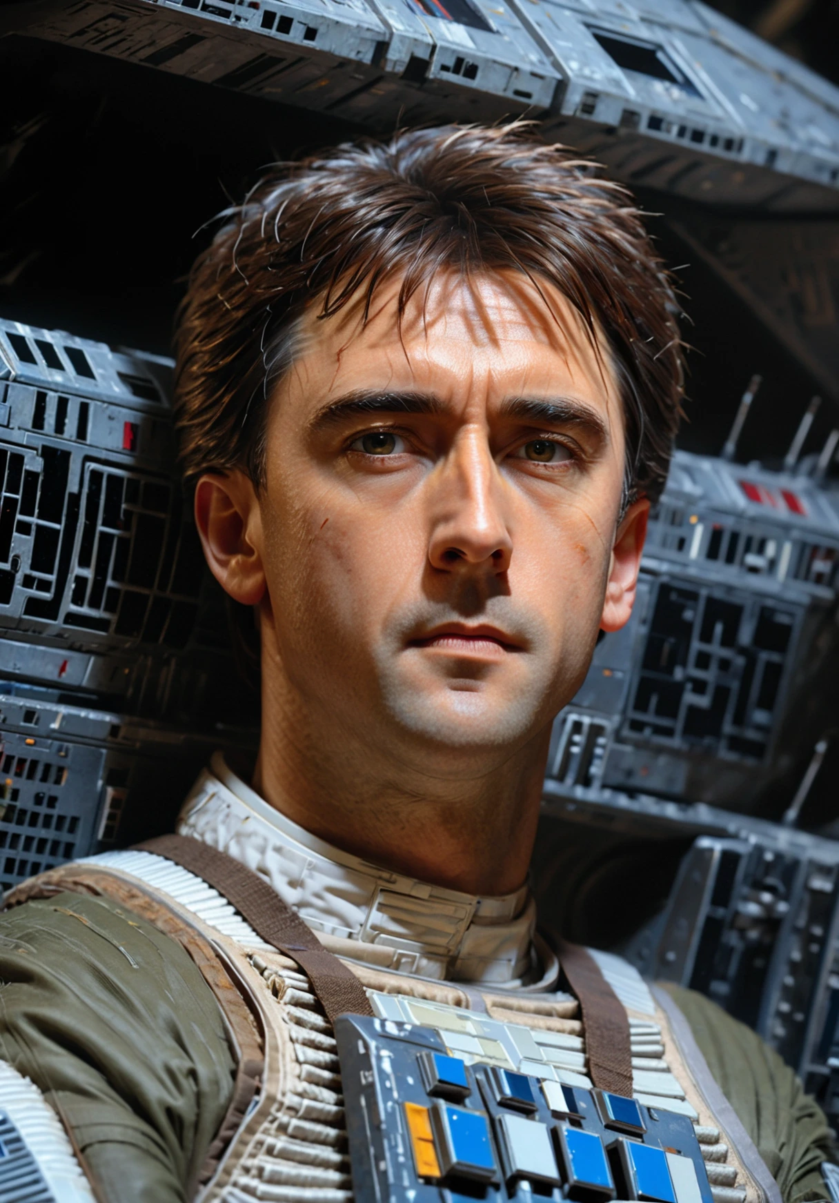 portrait of <lora:WedgeAntilles:1> WedgeAntilles in an Star Wars style military outfit, ((short hairstyle)), background of X-Wing spaceship in a futuristic sci-fi cargo hold, dramatic shadows, pose inspired by Boris Vallejo, brushwork echoing Carne Griffiths, and color palette reminiscent of Wadim Kashin, set under studio lighting, captured with a 5d camera, in HDR, 8k resolution, sharp focus, infused with a graphic novel aesthetic, cinematic