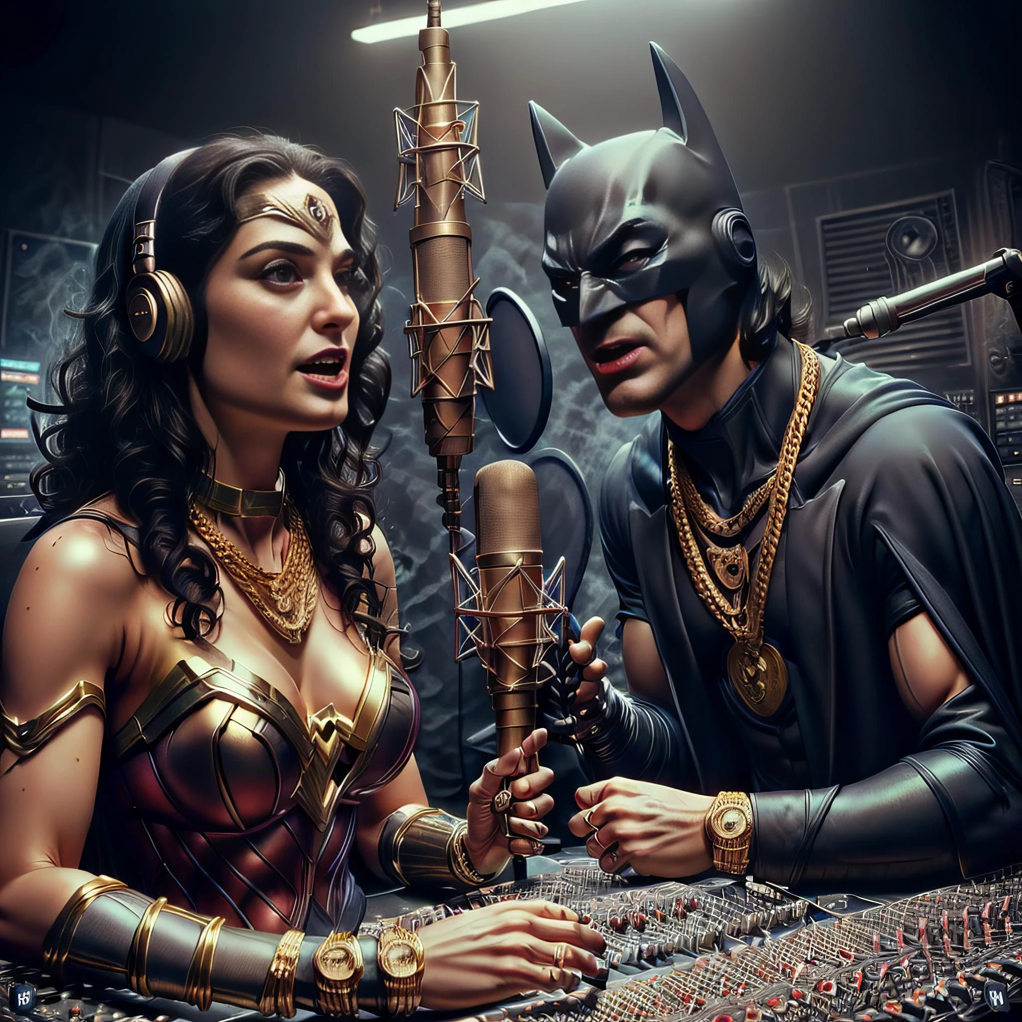 Batman and wonder woman, in a recording studio. Batman is on the left side of the image, wearing his iconic black suit with the bat symbol on his chest. He is holding a microphone and appears to be in the middle of a recording session. wonder woman is sitting in front of a mixing desk with a microphone stand and is wearing gold chains around her neck. long curly hair and red lipstick. Both characters are wearing headphones, background is dark and there is smoke coming out of the microphone, suggesting that the recording session is taking place in a dimly lit room