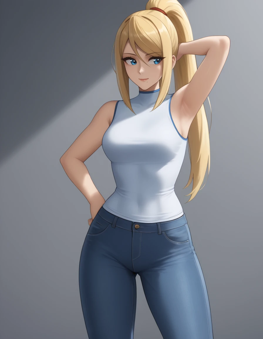 <lora:samus aran:1>,samus aran, jeans, simple white sleeveless shirt, looking away, smile, armpit