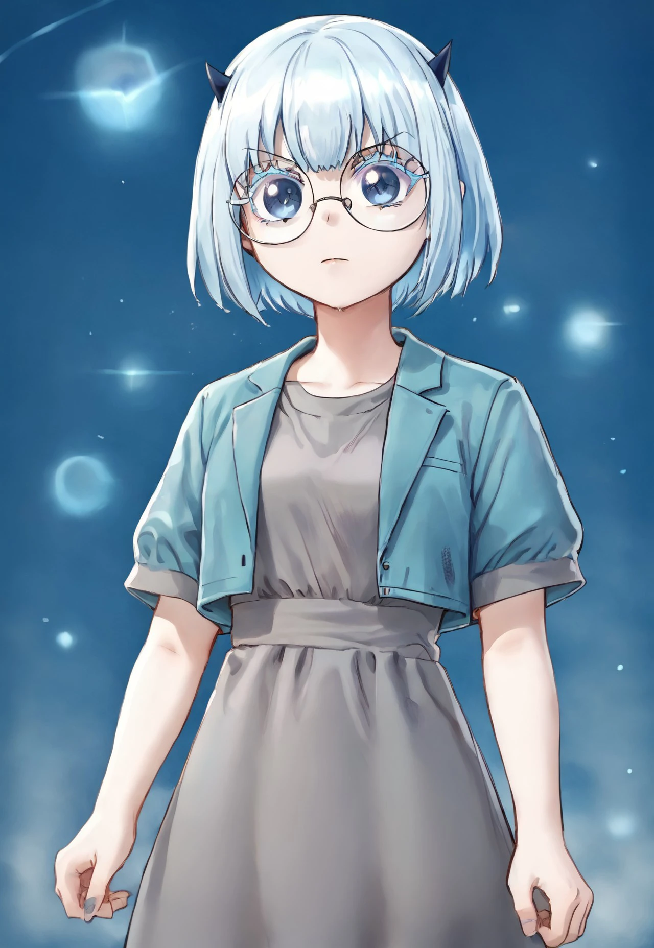 1 girl, standing eye catching, solo, light blue hair, short hair, blue eyes, horns, round eyewear, colored eyelashes, KeroriCasual, grey dress, blue jacket, open jacket, short sleeves