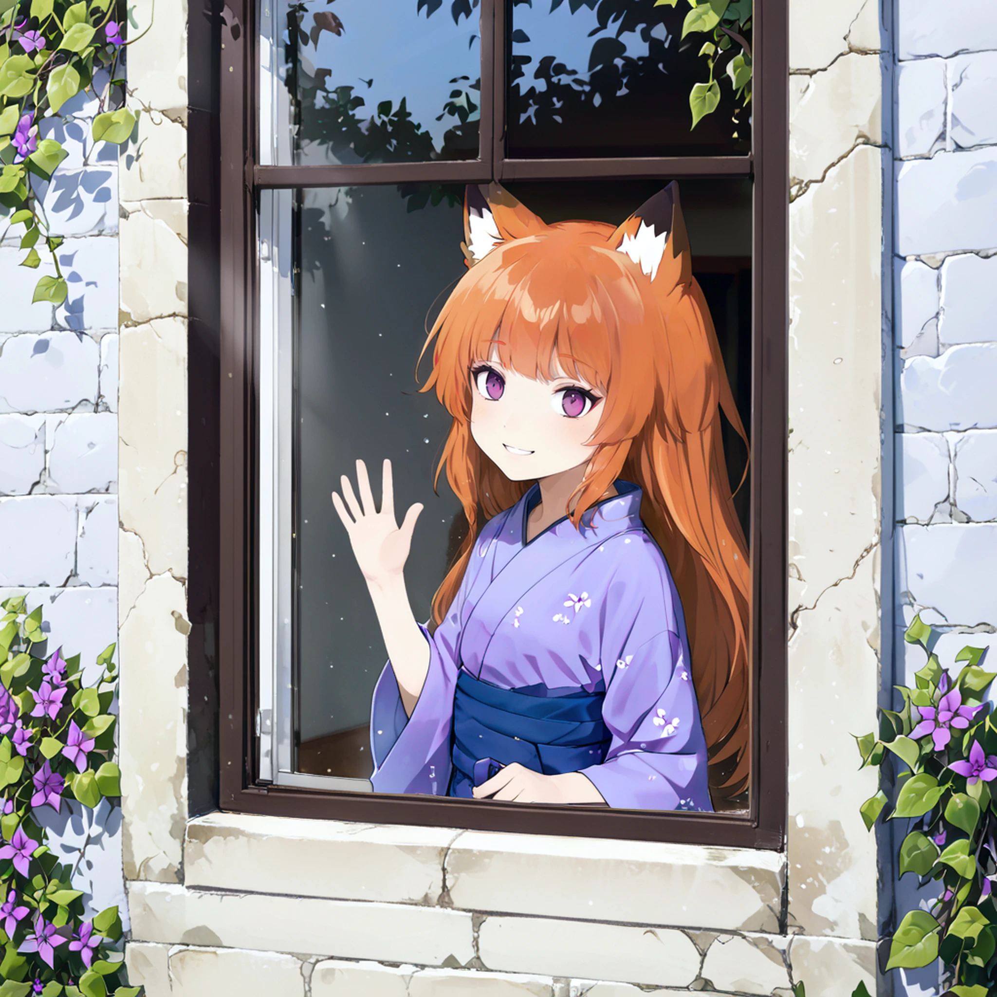 masterpiece, best quality, outdoor, window, (People inside the window:1), film grain, (cinematic angle:1.2), [realistic:0.2], [3d:0.9], from behind, looking up, looking back, close-up
<lora:Fixhands_anime_bdsqlsz_V1:1>, <lora:anti_human_ears:1>
white wall, ivy on wall, flower, reflection
1girl, (fox ears:1.2), [ginger:blonde:0.5] hair, long hair, hime cut, straight hair, (brown eyes:1.2), (violet kimono:1.3),plain color kimono, small breasts, skinny, (looking up:1.2), (tsurime, narrowed eyes:1.2), (yaeba:0.1), blunt bangs, waving, , grin
<lora:View_from_Outside_the_window:1>,<lora:Vivid:0.5>