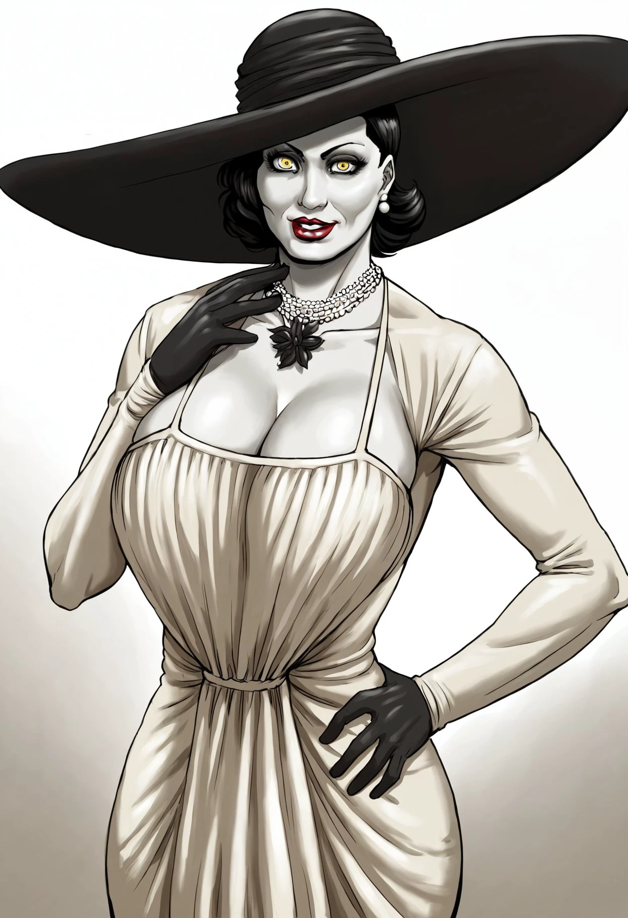 1girl, solo, alcinaxl, yellow eyes, black hair, short hair, pale skin, lipstick, mature woman, make up, curvy, white dress, hat, single earring, cleavage, pearl necklace, black gloves, pantyhose, large hat, agambedotti-dh <lora:Artist_Style_-_Atilio_Gambedotti_PDXL:1> <lora:add-detail-xl:0.5> <lora:AlcinaDimitrescu:0.7>