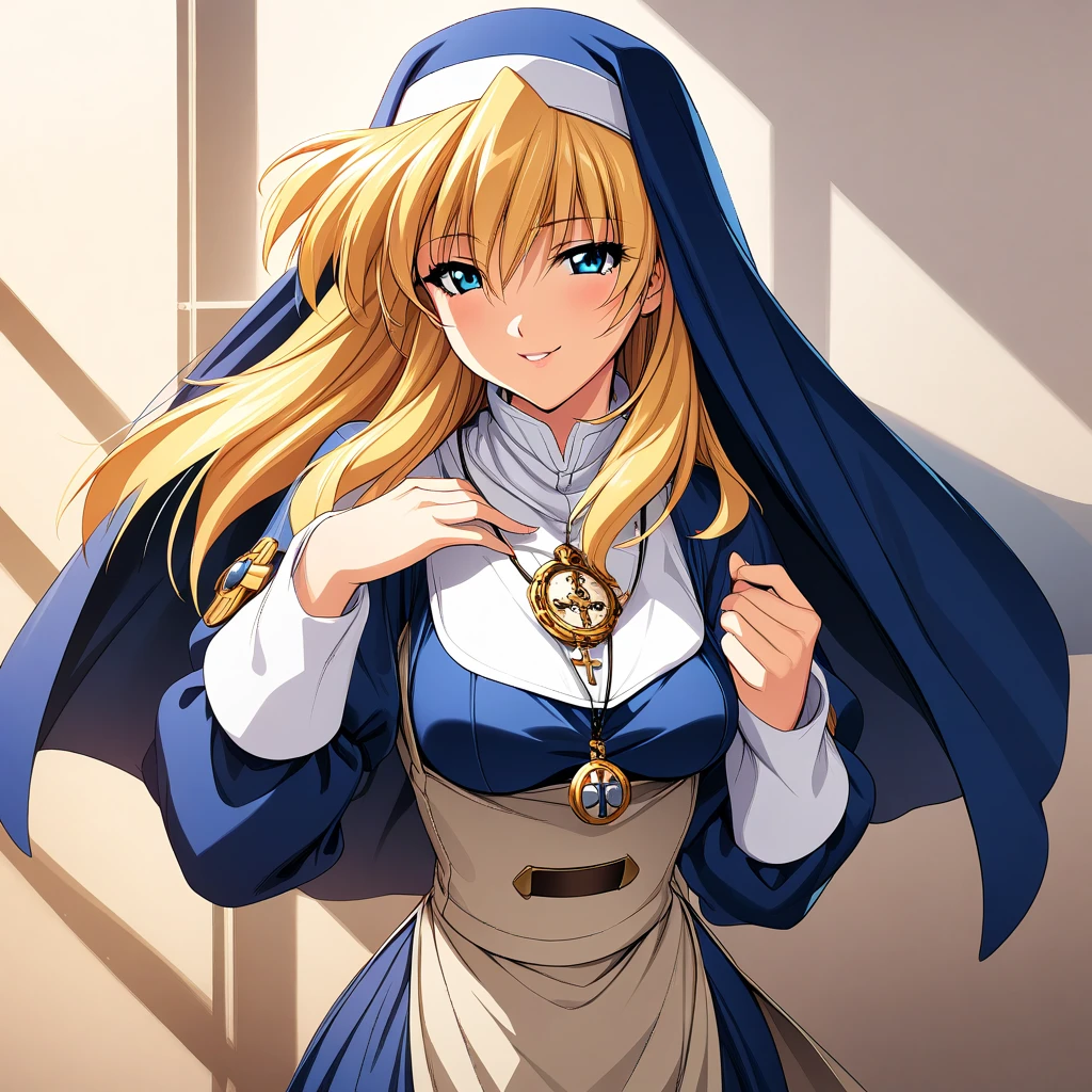 (masterpiece),(best quality),(ultra-detailed),(best illustration),(best shadow),(absurdres),(detailed background),(very aesthetic), rosette_christopher, 1girl, solo, blue eyes, pendant watch, habit, blonde hair, nun, breasts, jewelry, long hair, necklace, medium breasts, smile, cross, seductive smile, <lora:Rosette_Christopher:1>