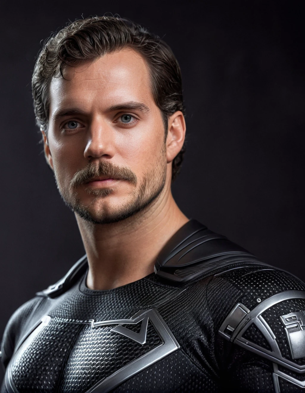 A close clean  photo of Henri Cavill as superman ((silver carbon black suit)),  short hair, beard and mustache, pose by a photograph, elegant, very aesthetic, highres, 4k, 8k, intricate detail, cinematic lighting, amazing quality, amazing shading, detailed Illustration, official artwork, wallpaper, official art,  ((detailled grey eyes)) , from below, full body, skin detailled, pores, DLSR, Canon, bioluminescent urban background <lora:HenriCavilSDXL:1>